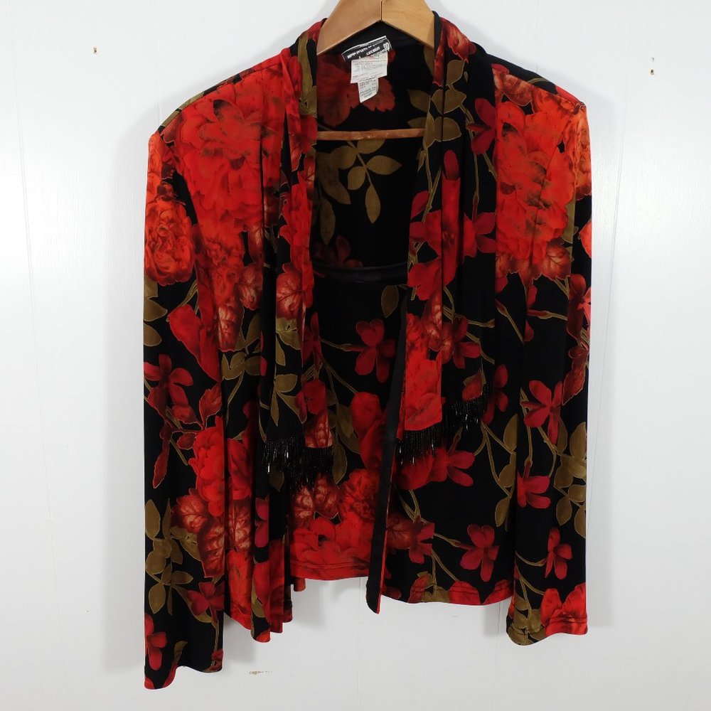 Vintage Blazer Tank Top Set Womens 12 Black Red Floral Lightweight Beads 70s 80s